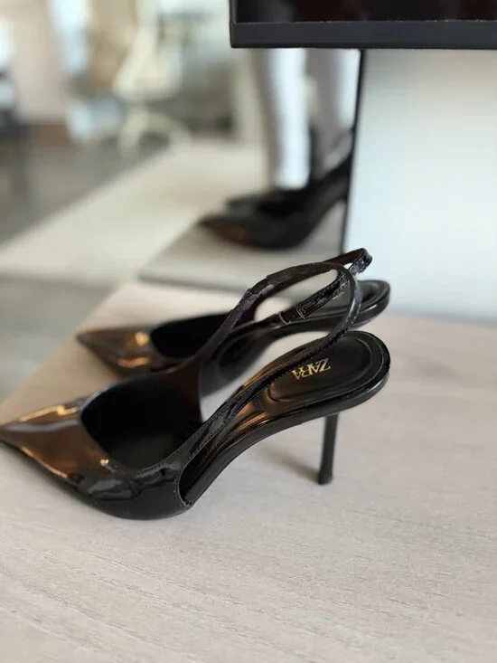 ZARA Black Patent Slingback Heels – Pointed Toe Stiletto Pumps - Picture 7 of 9